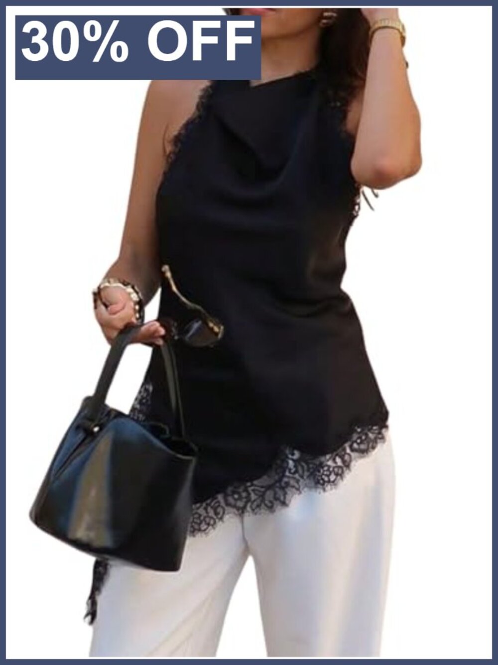 Lace Asymmetrical Halter Top Satin Cowl Neck Flowy